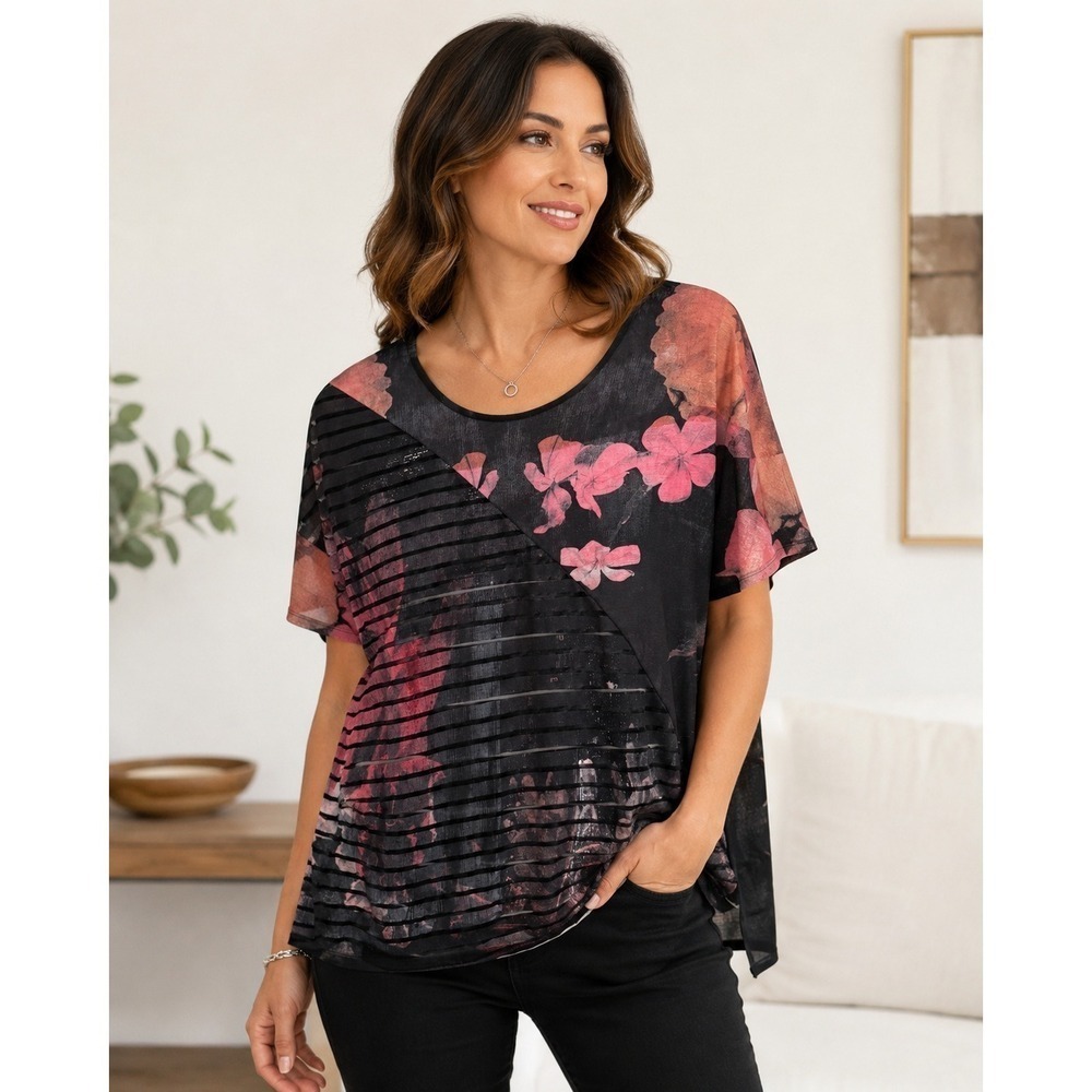 Desigual Sheer‎ Floral Top Size M Black Pink Mesh Striped Boho Blouse